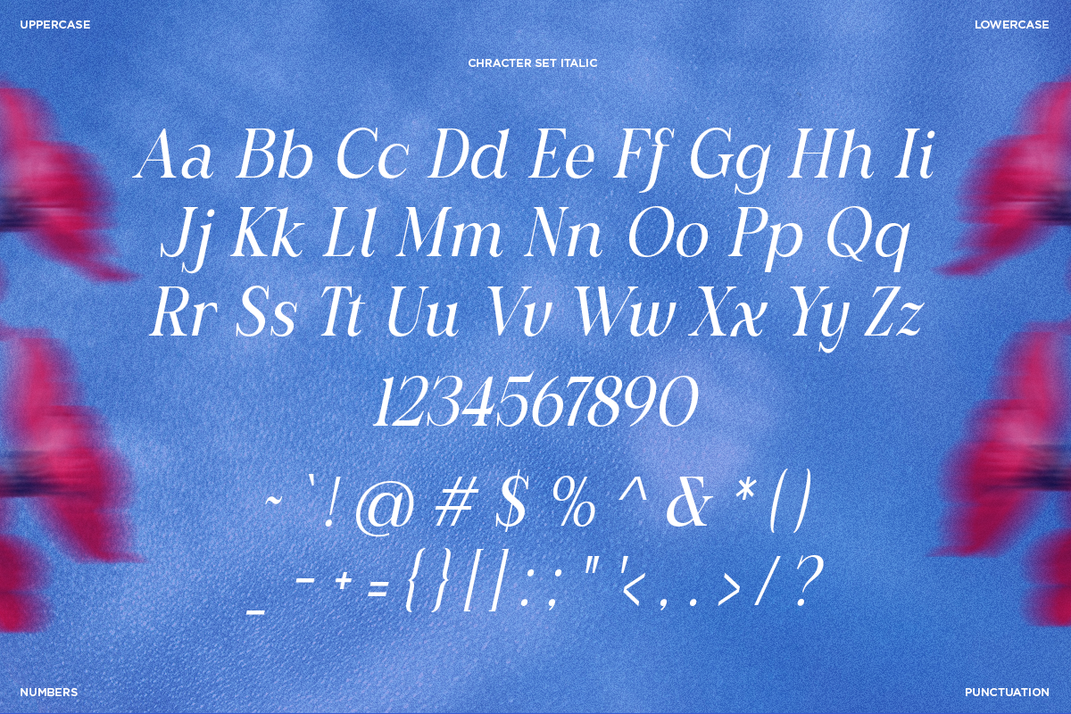 Italic serif font displaying full character set with letters, numbers, punctuation on vibrant blue background with pink blur effects