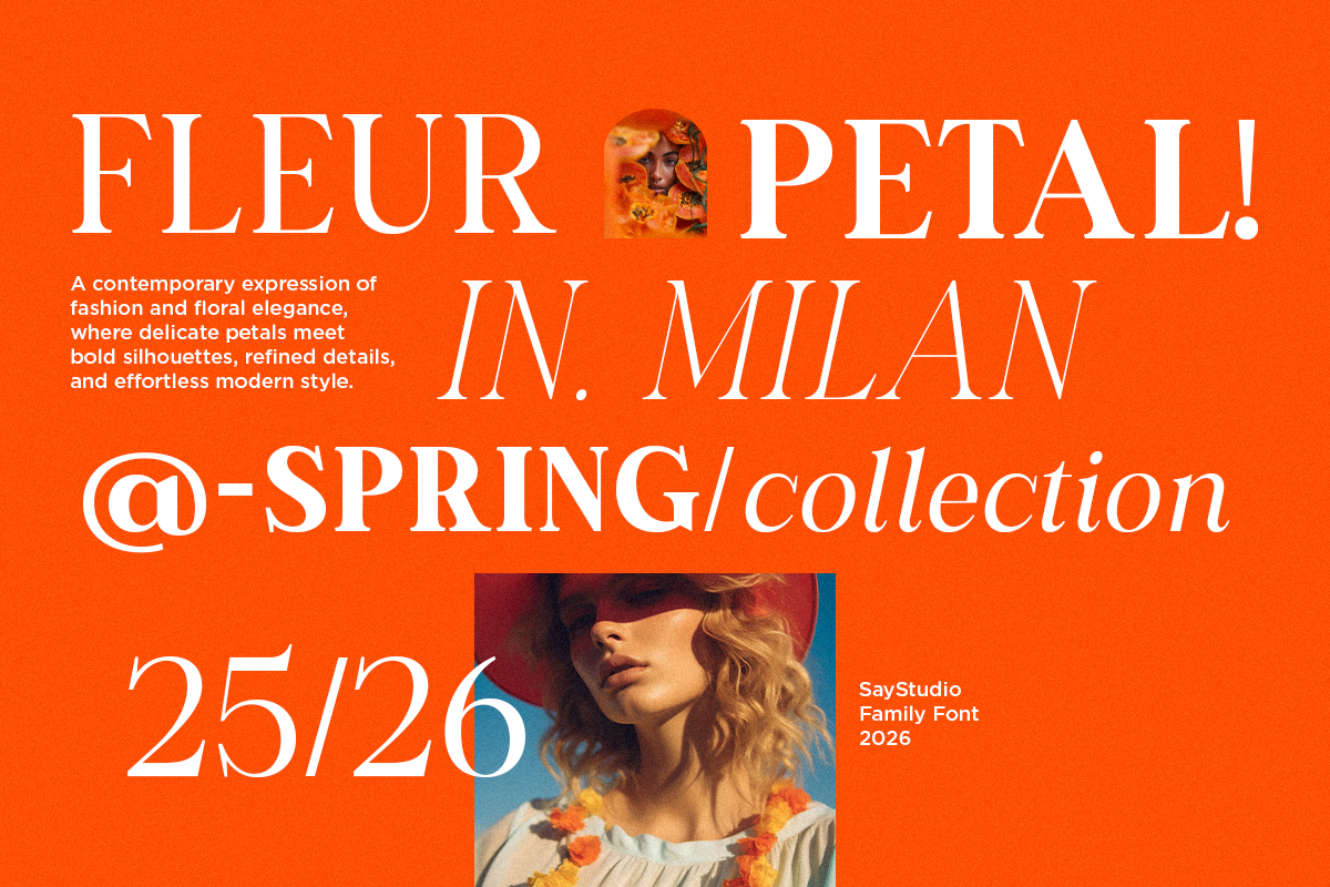 Bright orange poster for Fleur Petal spring collection featuring bold typography, floral details, model portrait, Say Studio font promo