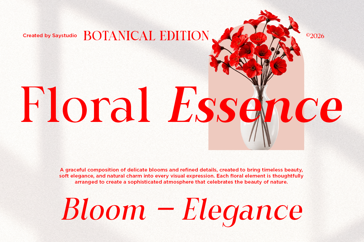 Bright red poppies in glass vase with Botanical Edition typography layout