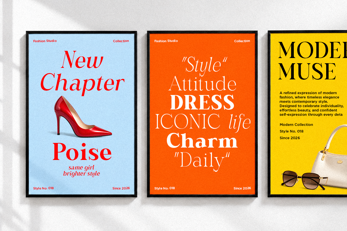 Set of three bold fashion posters with red heels, typography, sunglasses on bright blue, orange, yellow backgrounds