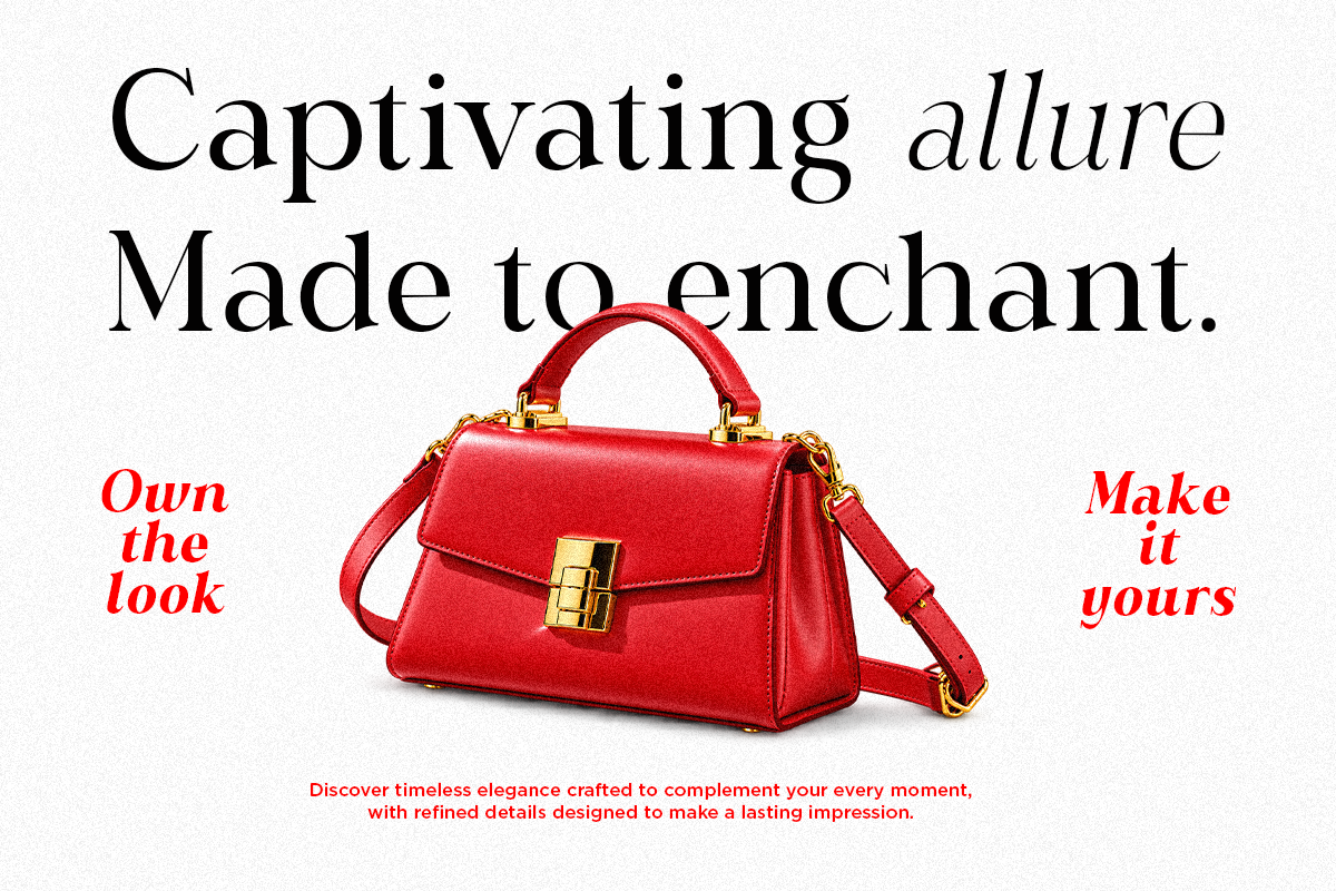 Luxury handbag mockup with red leather bag, gold hardware, customizable text overlays