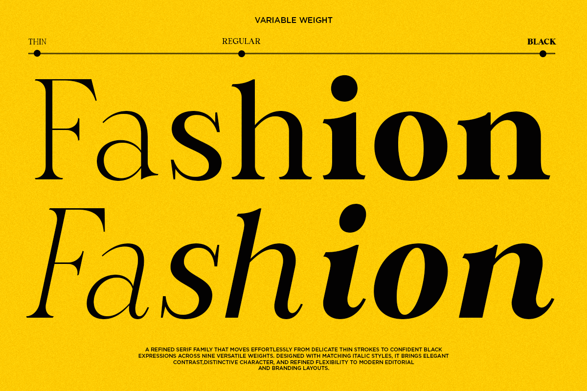 Fashion serif font showing variable weights from thin to black on bright yellow background