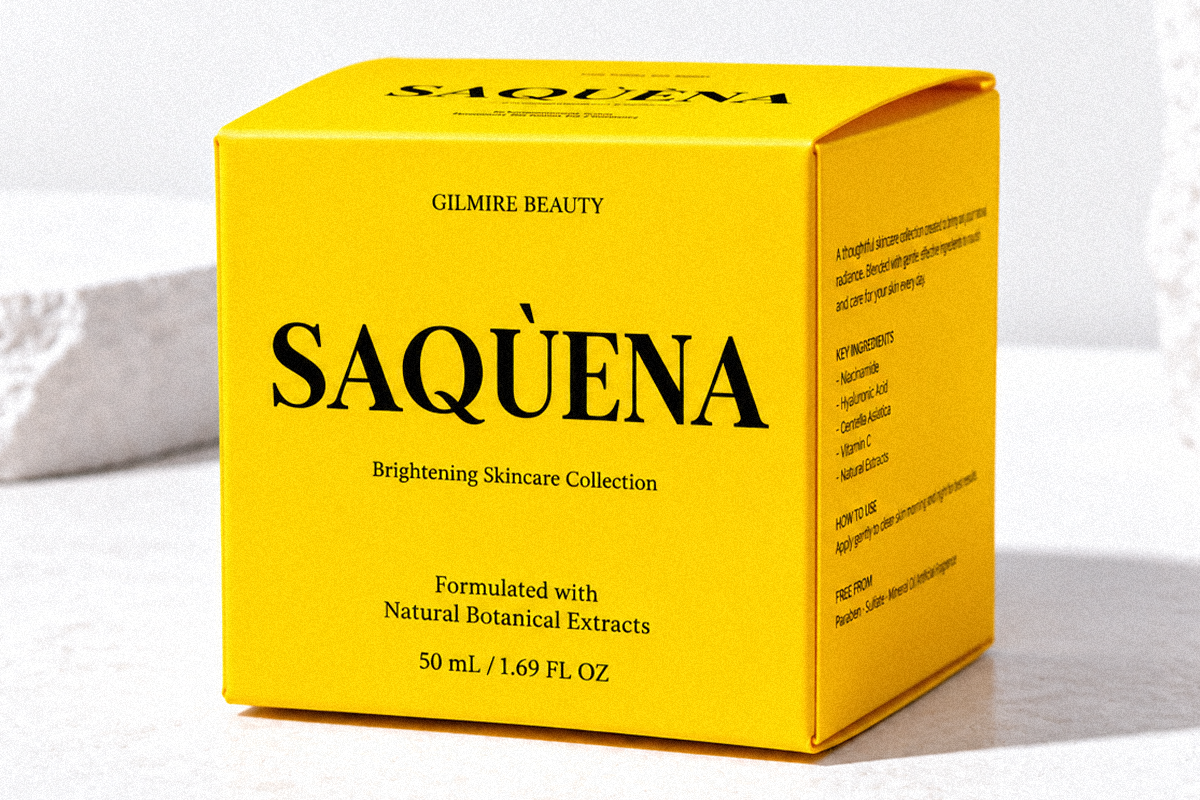 Bright yellow skincare box for Saquena brightening collection by Gilmire Beauty, 50mL size