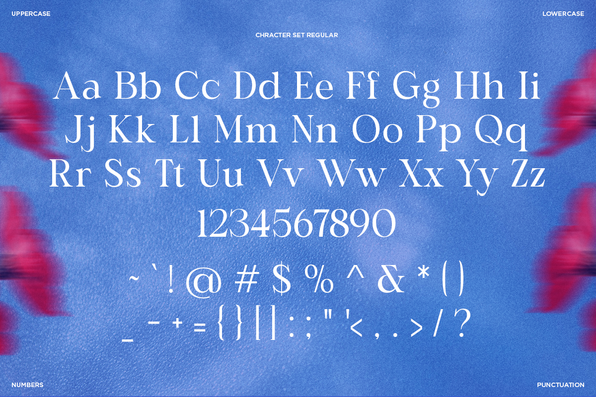 Elegant serif font character set with uppercase, lowercase, numbers, plus punctuation on vibrant blue background
