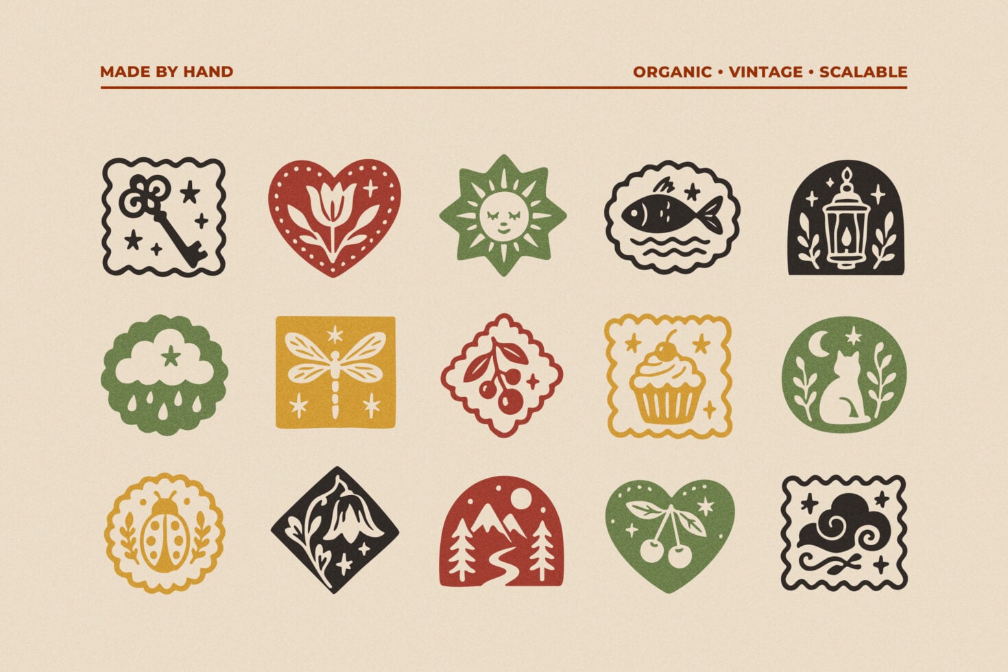 Hand drawn icon set with retro botanical, celestial, nature motifs in warm earthy tones