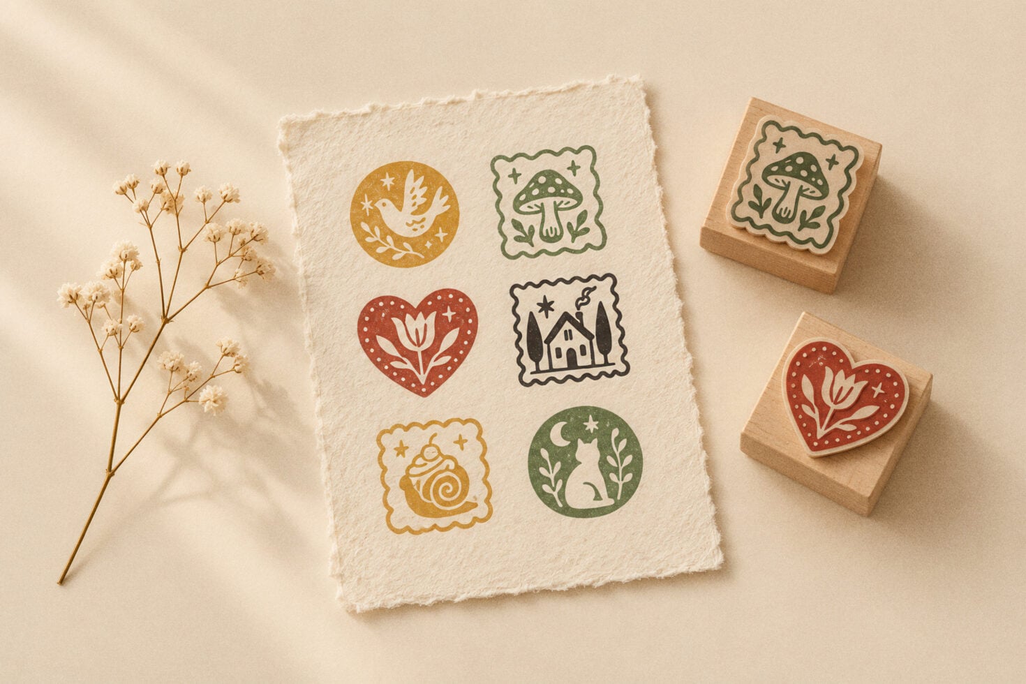 Wooden stamp set with six earthy designs printed on cream paper, two stamps beside it