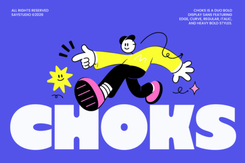 Choks display sans font with cheerful cartoon character jumping on bright blue background