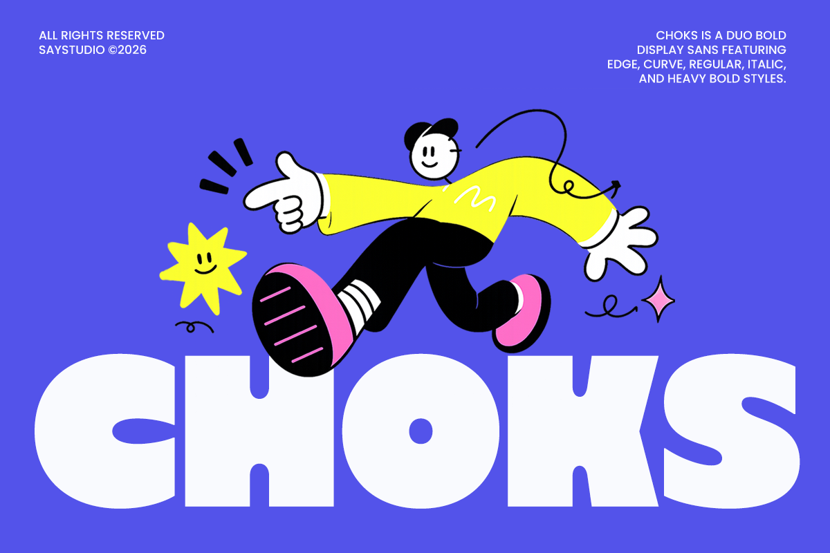 Choks display sans font with cheerful cartoon character jumping on bright blue background