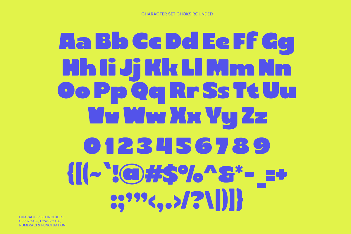 Choks Rounded font character set in bold blue on neon yellow background
