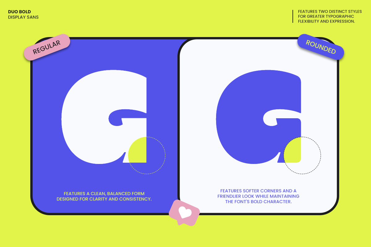 Duo Bold Display Sans font showing regular sharp style on blue, rounded softer style on white