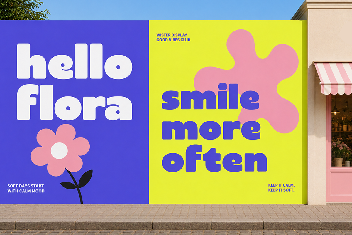 Colorful storefront mockup with split blue-yellow design, pink flower shapes, bold typography saying hello flora, smile more often