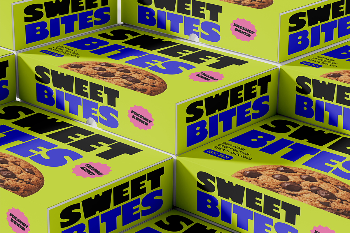 Stacked neon yellow product boxes with bold blue, black type spelling "Sweet Bites," chocolate chip cookies, plus pink stickers