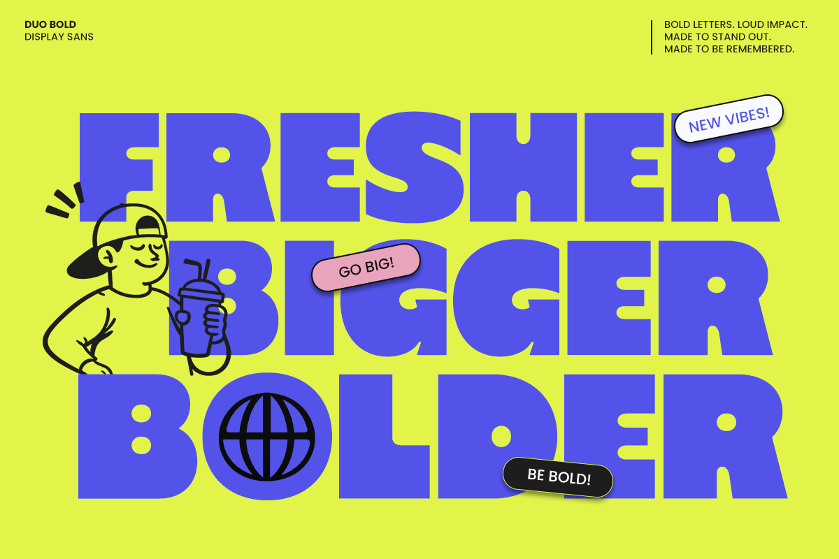 Duo Bold sans font in bright blue on neon yellow with playful character illustrations