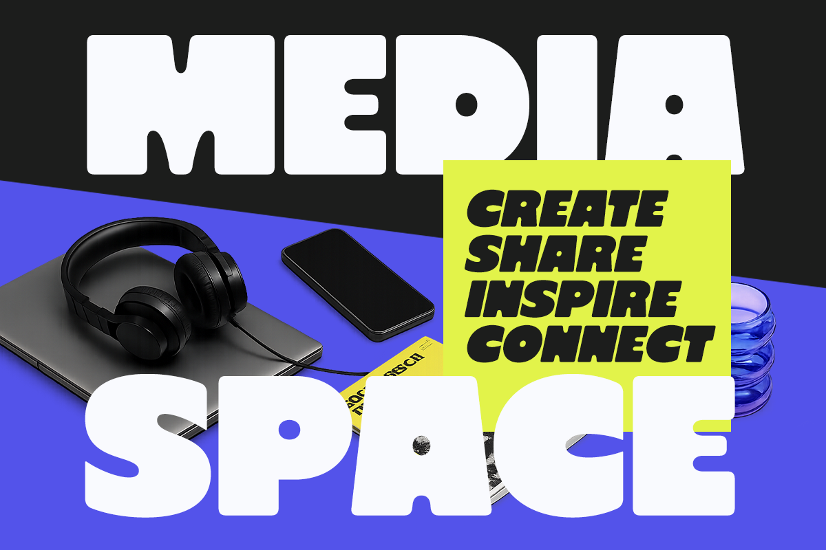 Media space mockup with headphones, phone, neon yellow callout box showing taglines on bright blue background