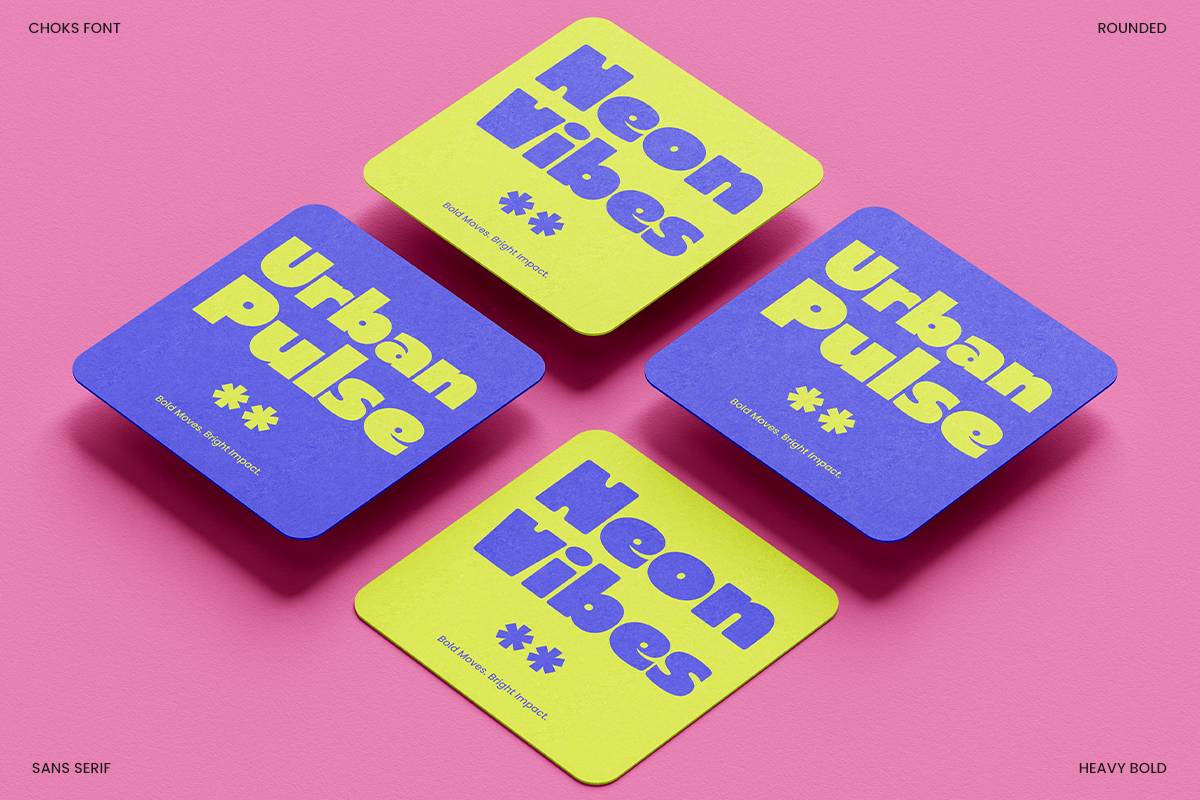 Isometric cards mockup with Choks font in bright neon yellow, electric blue on pink background