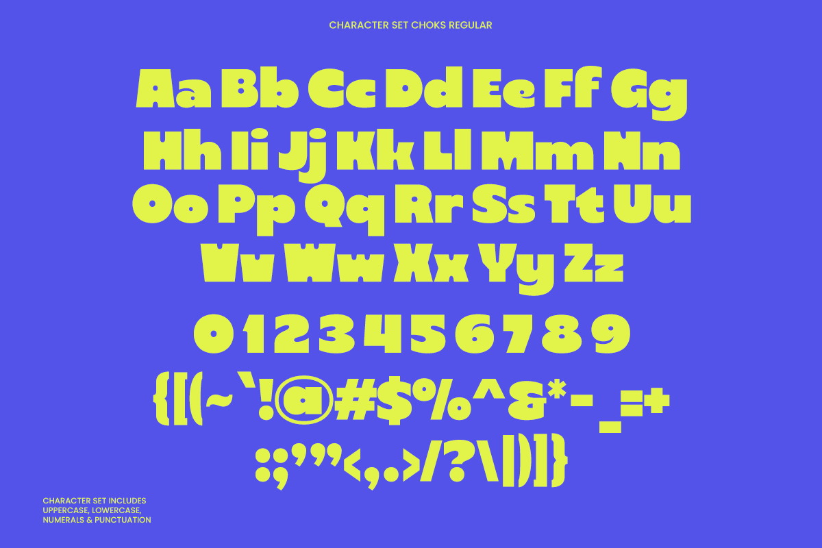 Choks Regular font character set showing full alphabet, numbers plus punctuation on bright blue background