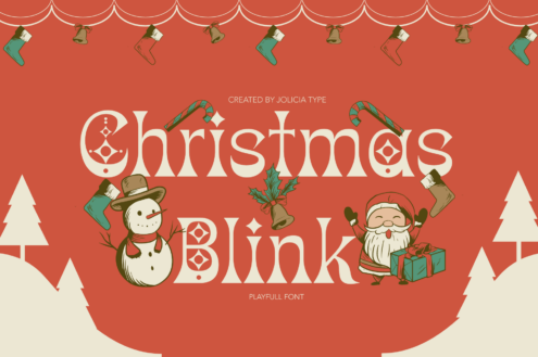 Christmas Blink font with playful holiday illustrations on warm red background