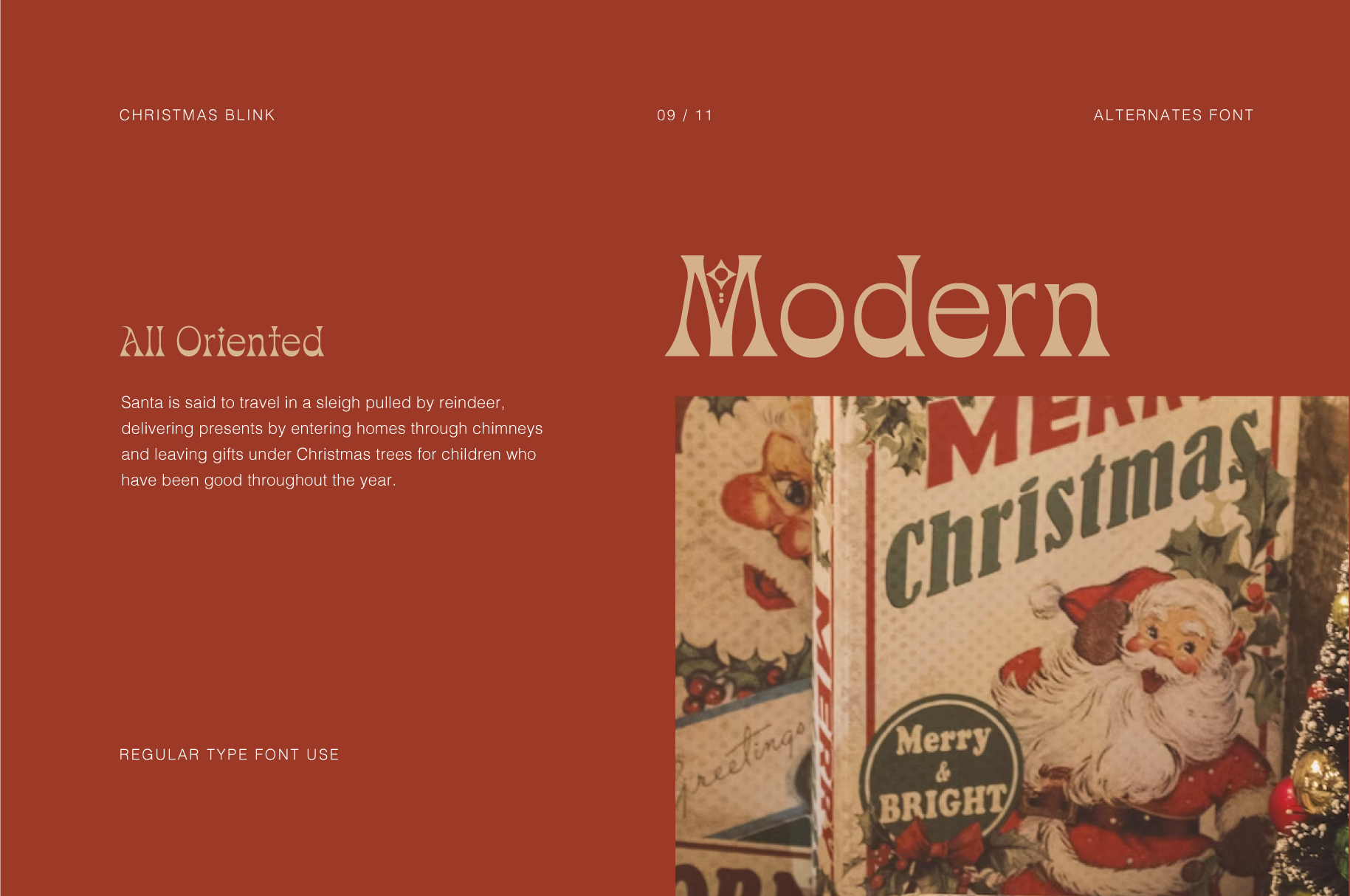 Vintage Christmas card designs showing Santa with retro holiday typography on burnt orange background