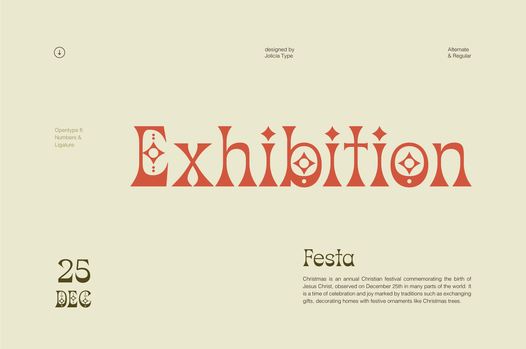 Exhibition typeface display with ornamental details by Jolicía Type