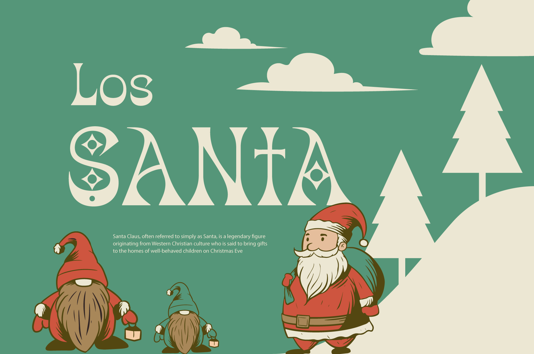 Retro holiday illustration with gnomes, evergreens, clouds on teal background