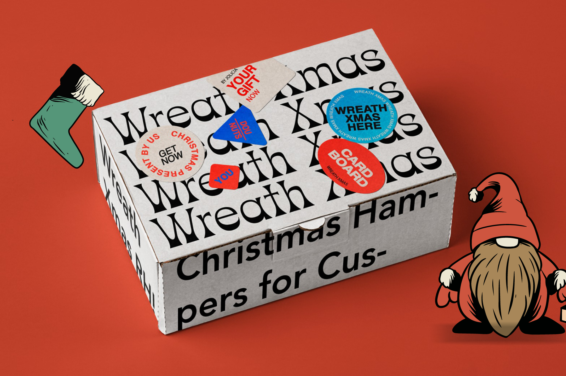 Festive box mockup with bold typography, stickers, hanging stocking, gnome illustration on red background