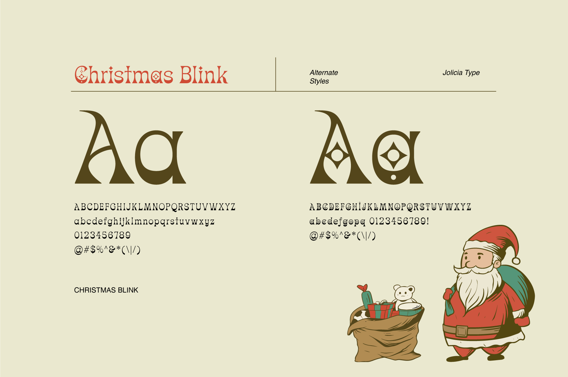 Christmas Blink font with alternate styles, full character set, numbers, symbols plus Santa illustrations