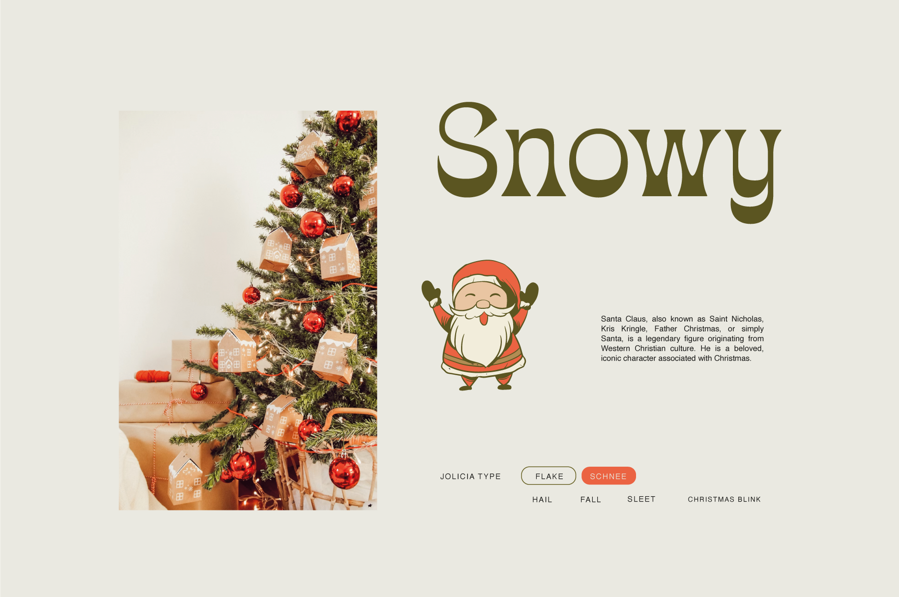 Snowy font with decorated Christmas tree, gifts, red ornaments, cute Santa illustration