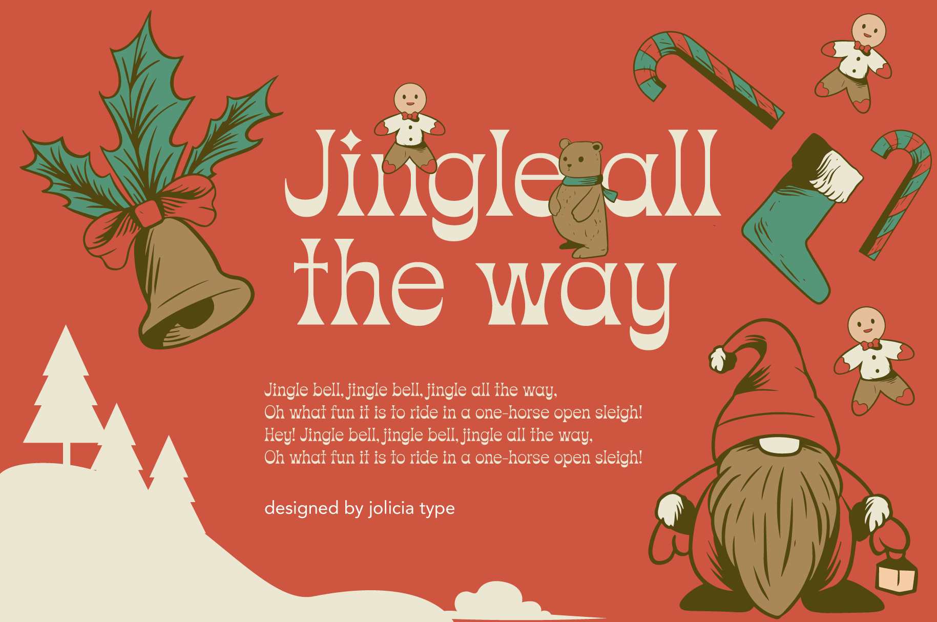 Retro holiday poster with "Jingle all the way" text, gingerbread folks, candy canes, bells, stockings on warm red background