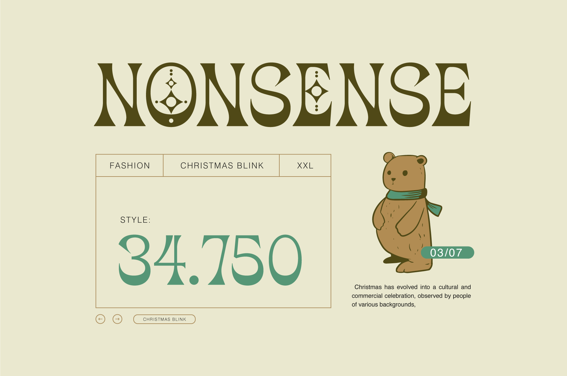 Retro fashion lookbook layout with oversized serif type, pricing table, cute bear mascot in teal scarf