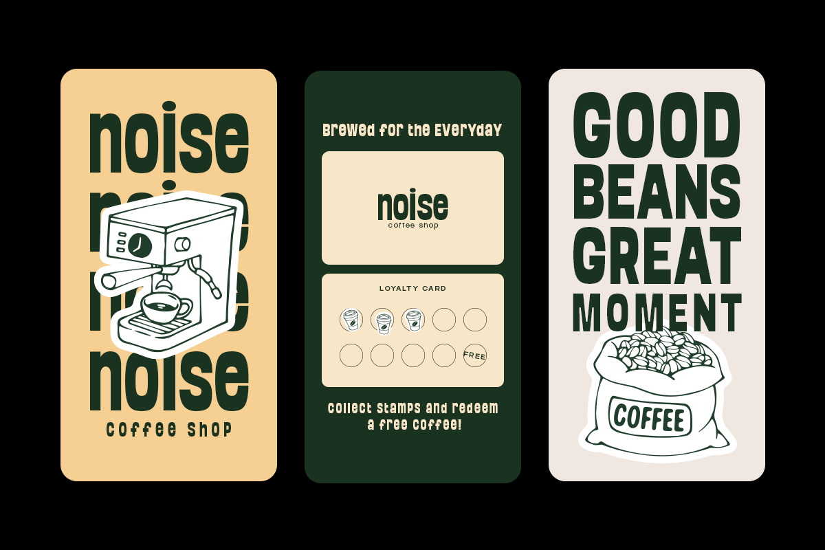 Three coffee shop phone mockups with retro branding, loyalty card, playful typography in cream, green, beige