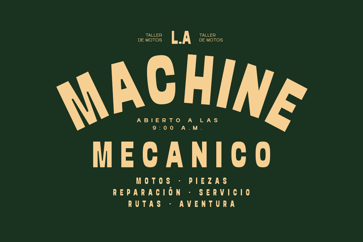 Vintage motorcycle shop poster with bold cream lettering on forest green, Spanish text