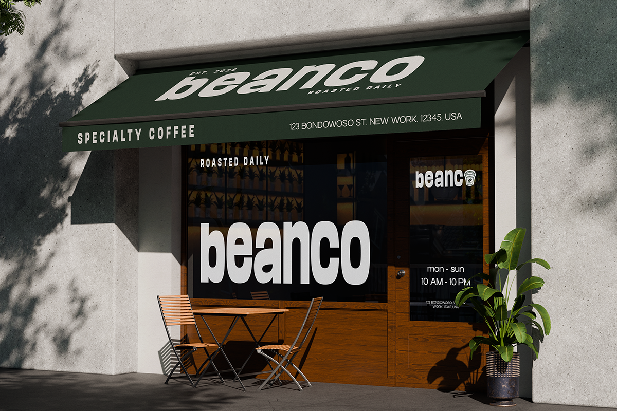 Beanco specialty coffee storefront mockup with green awning, white signage, wooden chairs