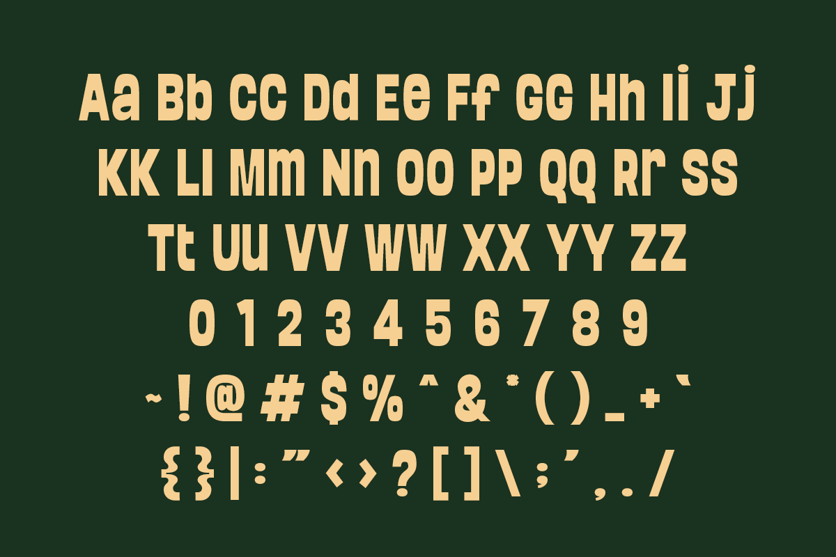 Bold cream typeface with full character set on dark green background
