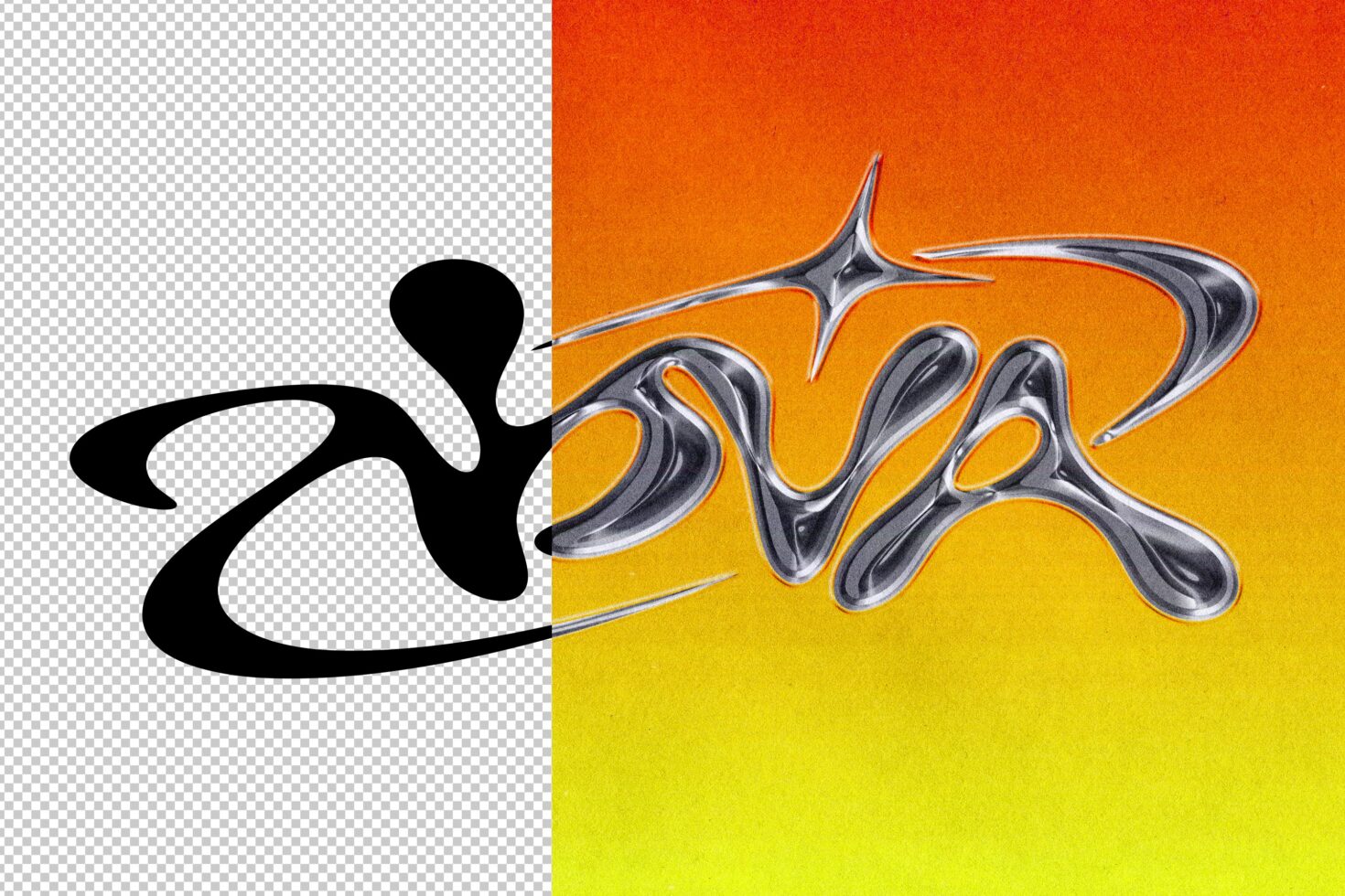 Black silhouette morphing into chrome 3D lettering on orange to yellow gradient background
