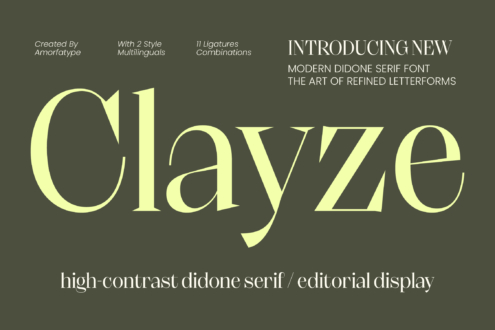 Olayze serif font specimen in cream on sage green with multilingual styles