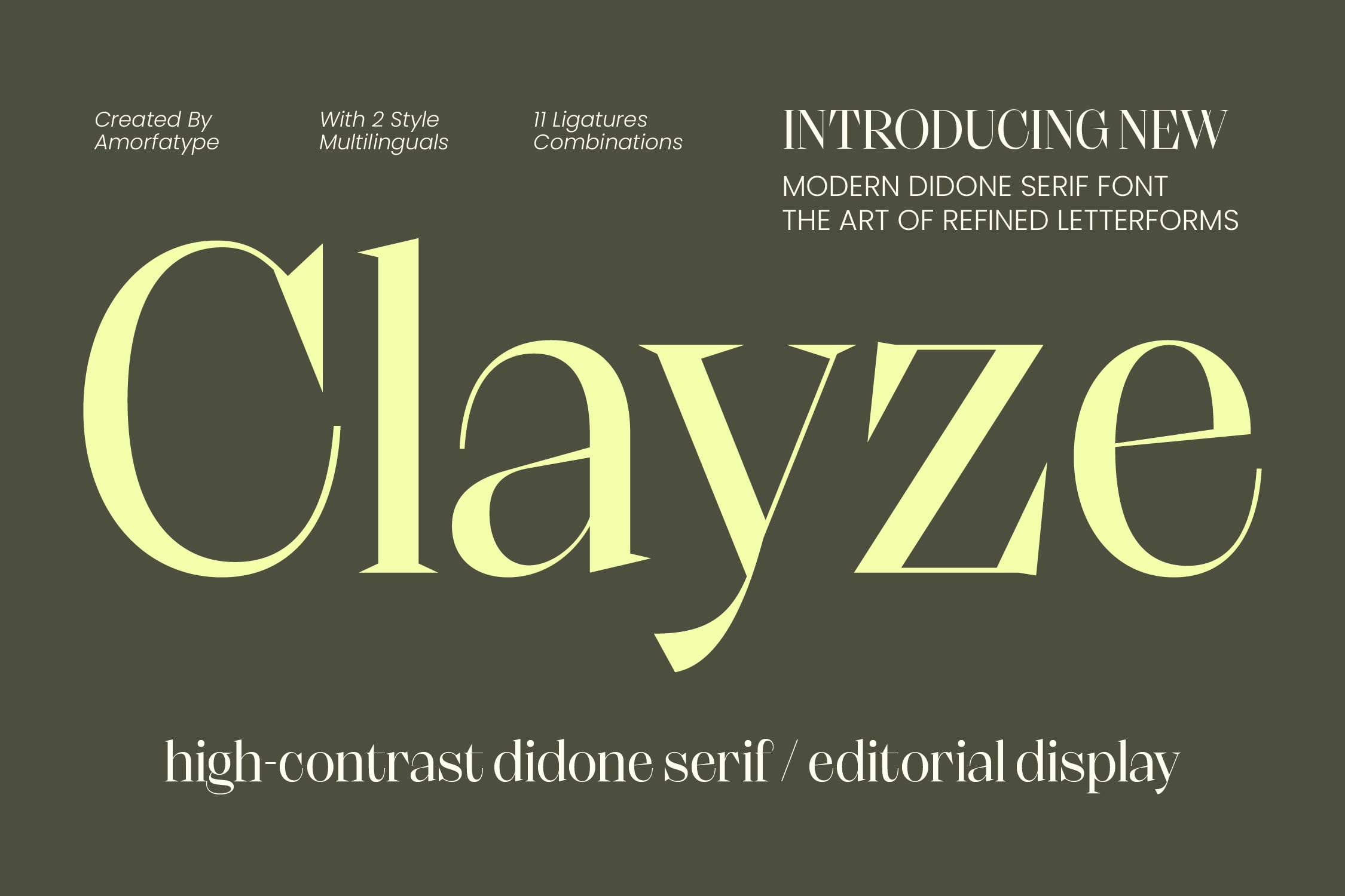 Olayze serif font specimen in cream on sage green with multilingual styles