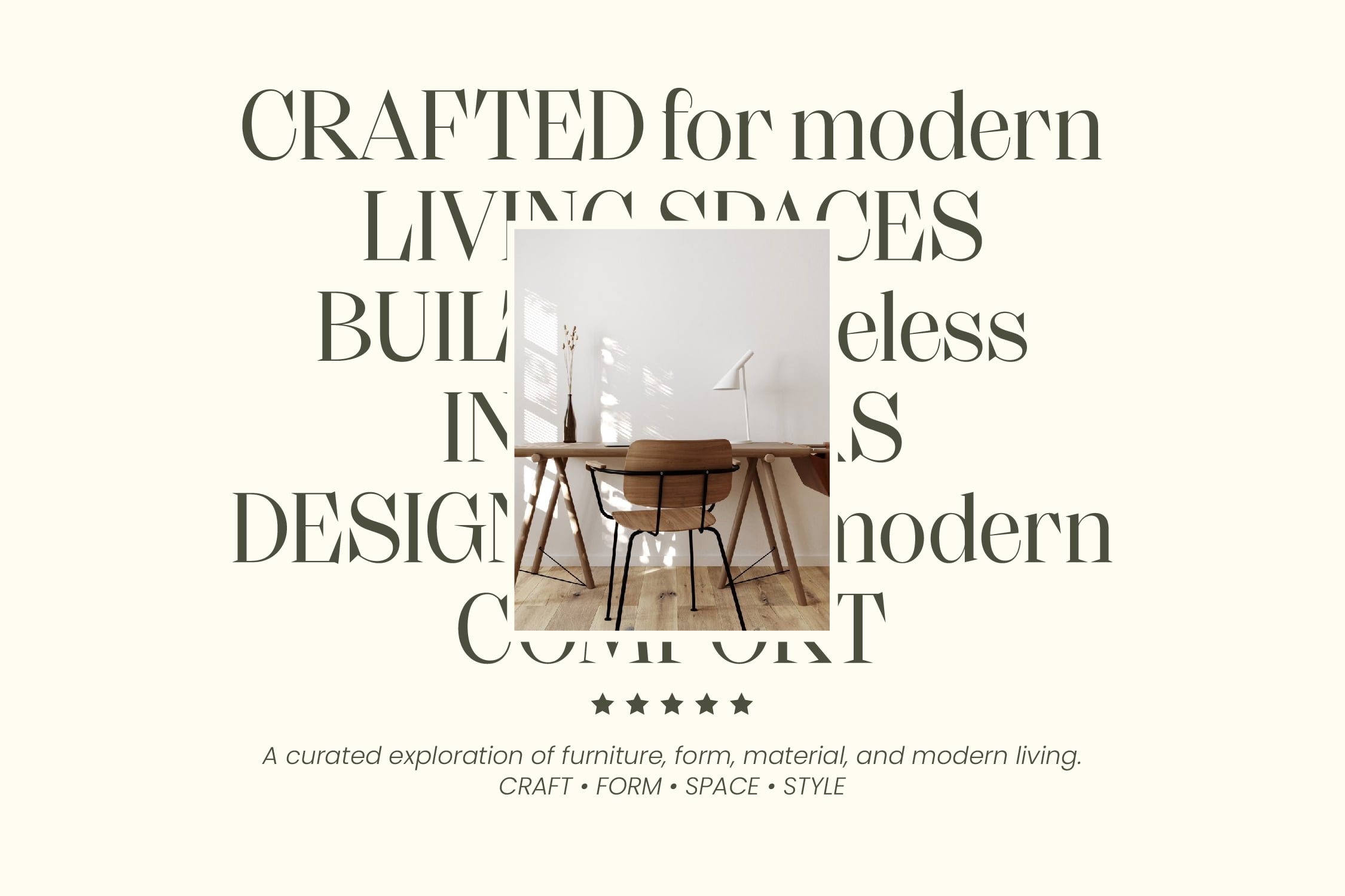 Minimalist interior design mockup with wooden desk, mid-century chair, floor lamp in bright studio space