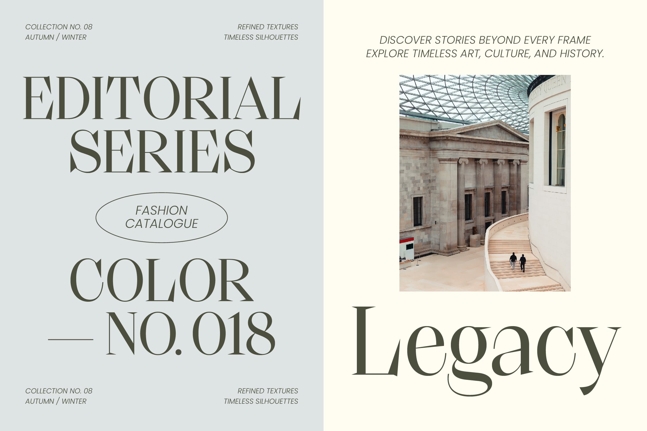 Elegant editorial layout with serif typography, museum architecture photo, cream background, fashion catalogue design