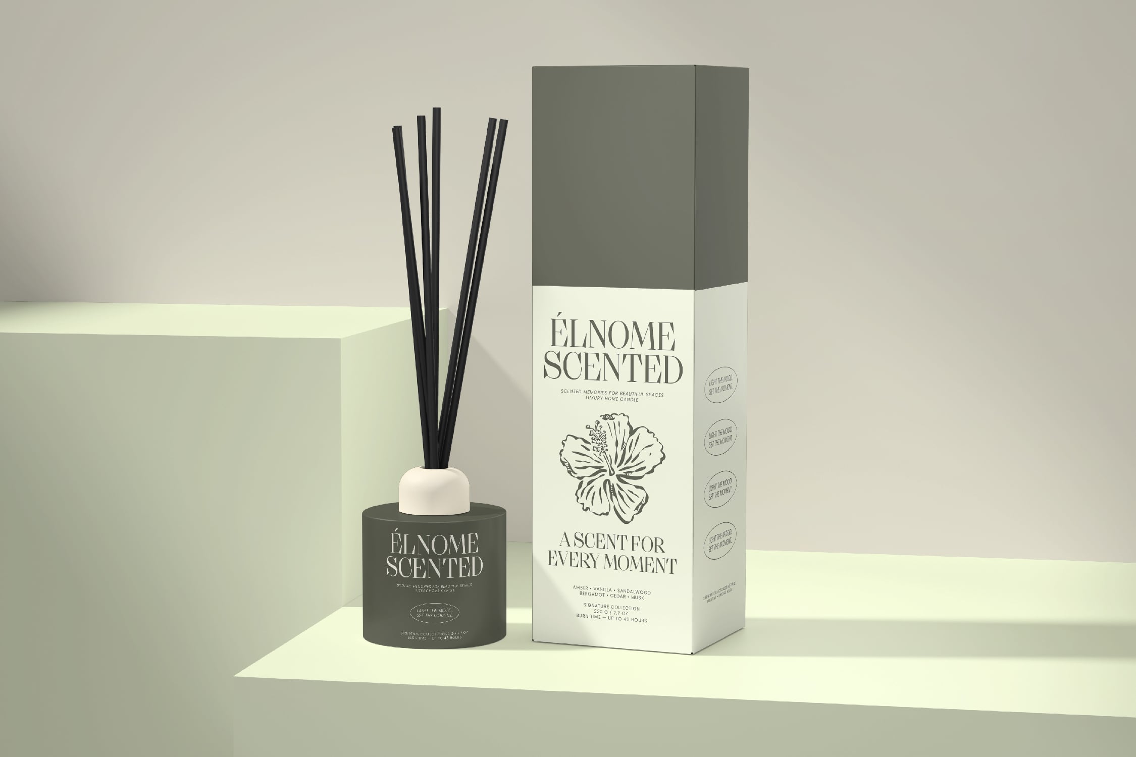 Reed diffuser mockup with box, showing dark cylinder vessel with black sticks