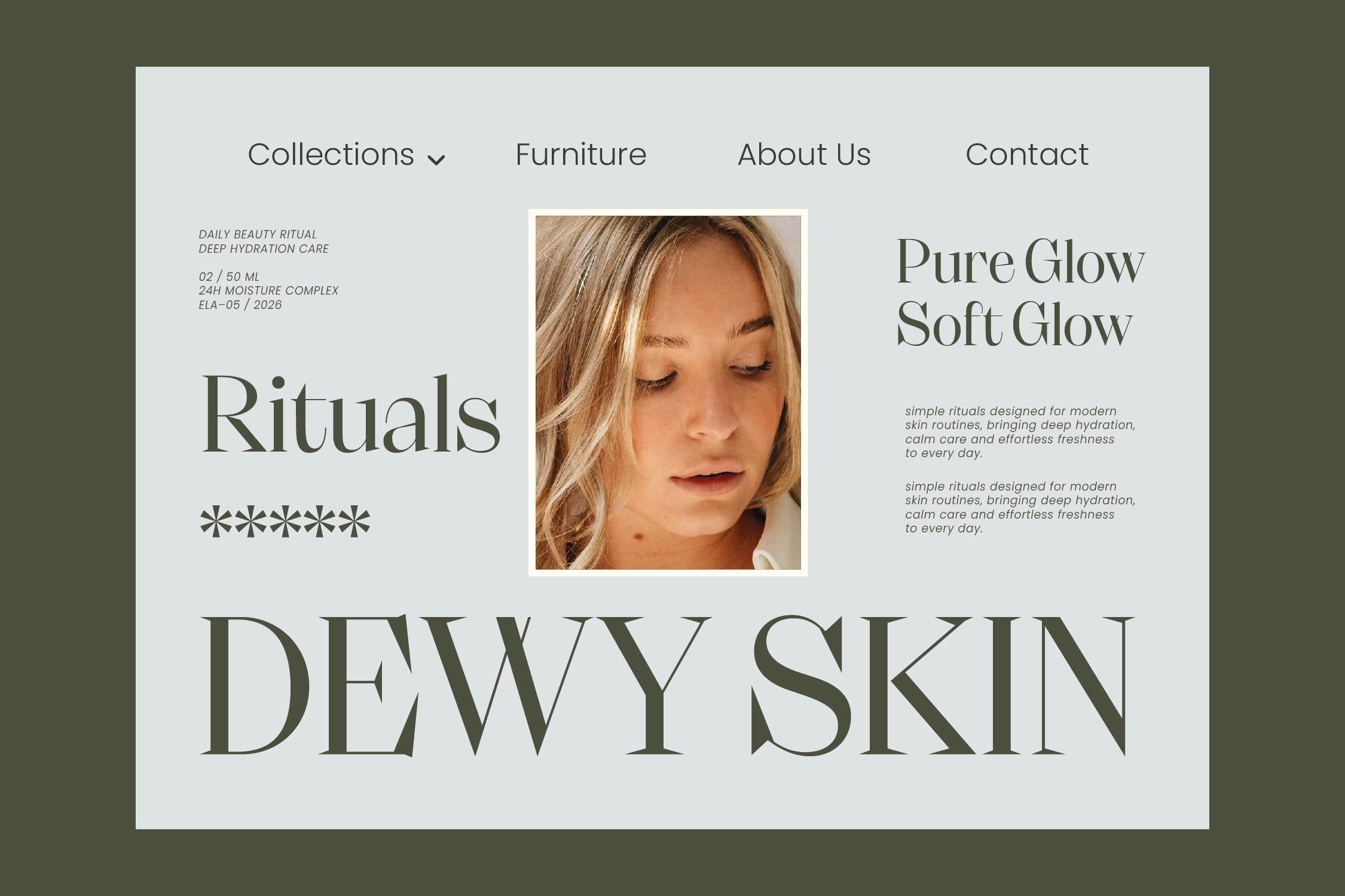 Skincare brand website mockup with minimal layout, woman's face portrait, serif typography, neutral color palette