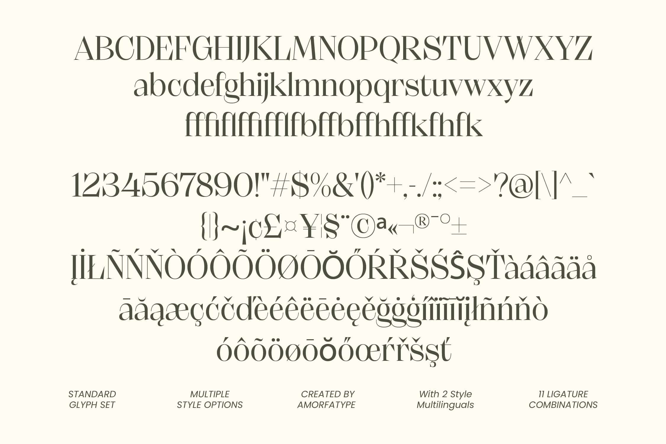 Serif font specimen showing uppercase, lowercase, ligatures, numbers, symbols with multilingual accents on cream background