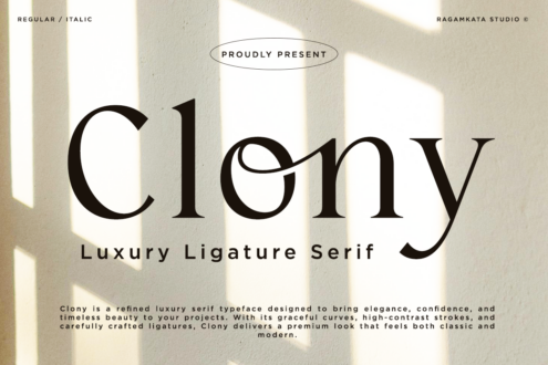 Clony luxury serif font with elegant ligatures displayed on striped background with sunlight