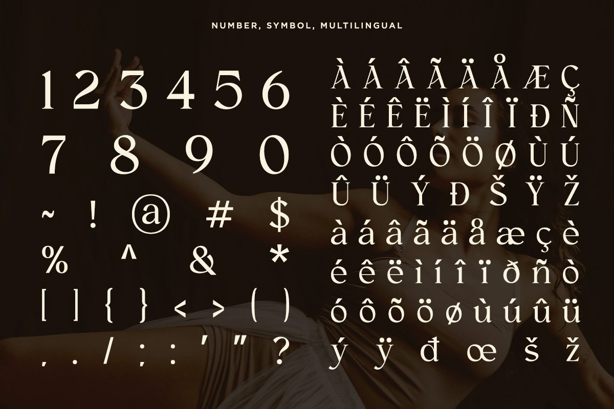 Serif font character set showing numbers, symbols, accented letters for multiple languages