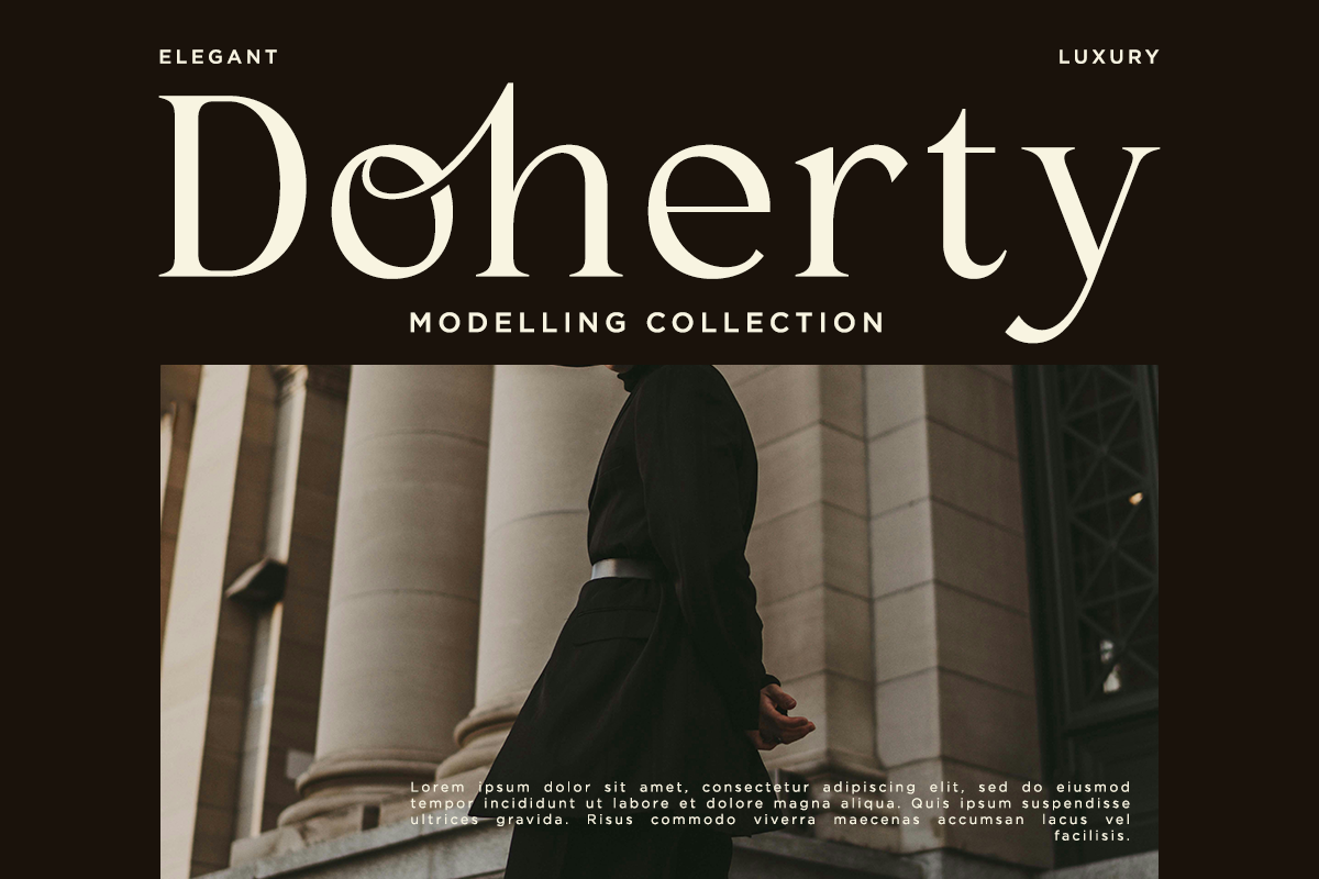 Deherty luxury font display with elegant serif typeface on dark background with classical architecture photo