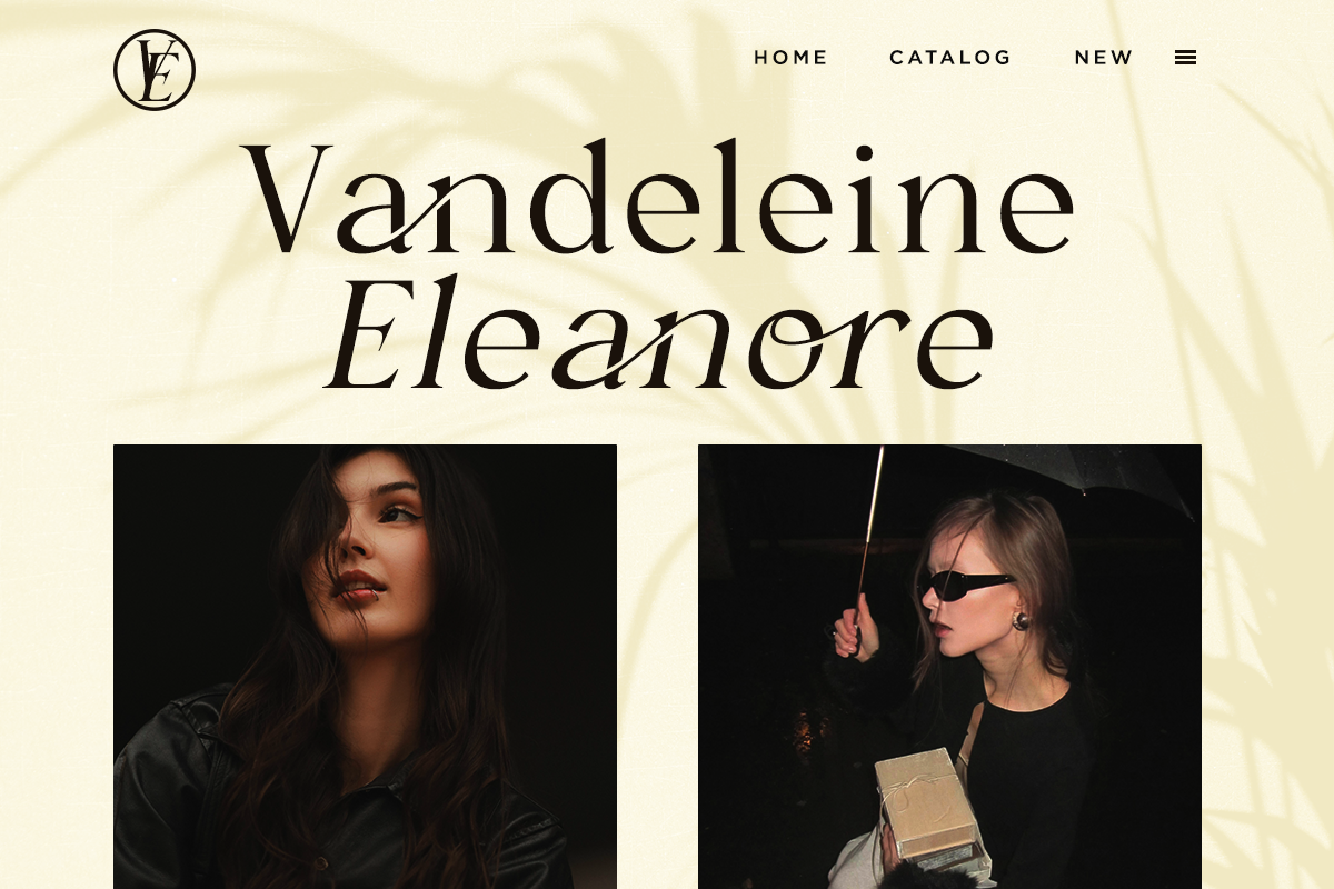 Moody fashion editorial with two women in dark lighting, one in leather jacket, other holding gold box with umbrella
