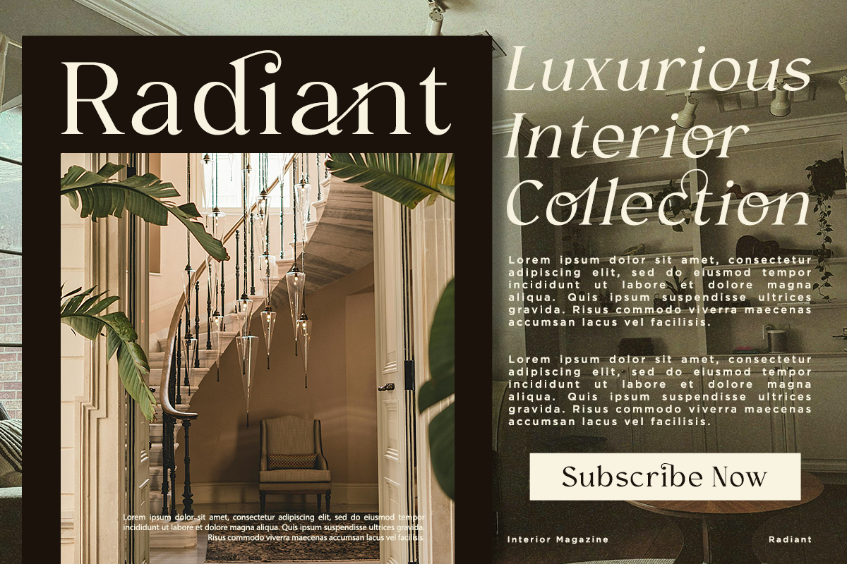 Luxury interior magazine spread mockup with elegant serif typography, hanging plants, wooden hallway photo, moody green tones