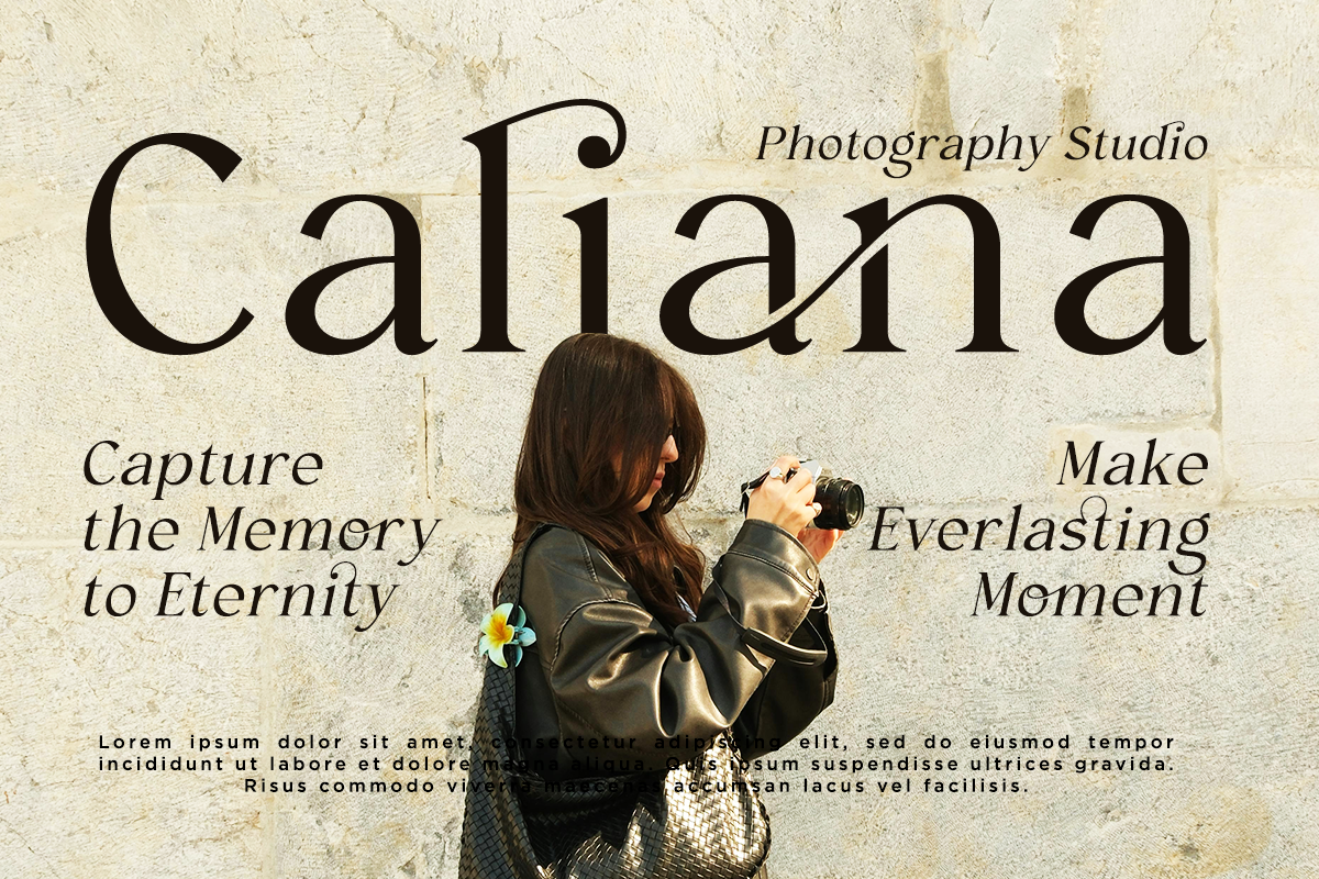 Woman holding vintage camera against textured cream wall with "Caliana" photography studio branding