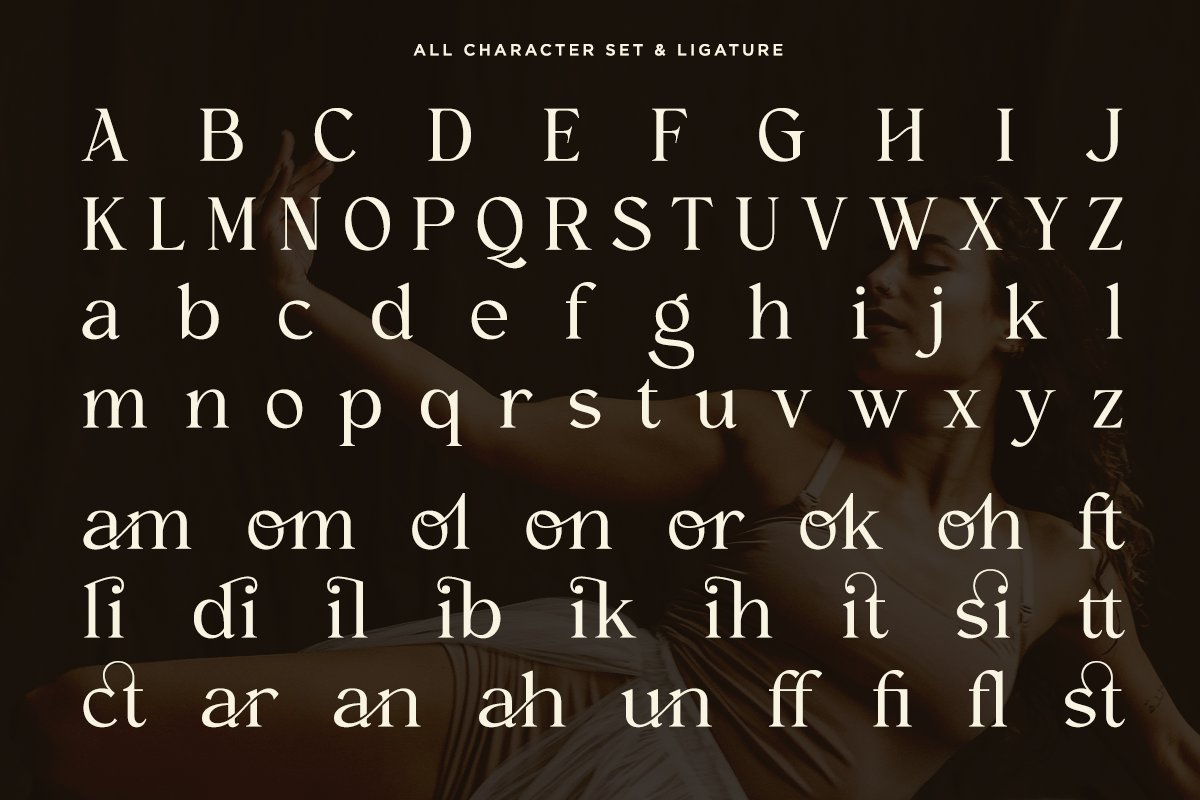 Serif font showing full character set with uppercase, lowercase, numbers, ligatures displayed on dark moody background