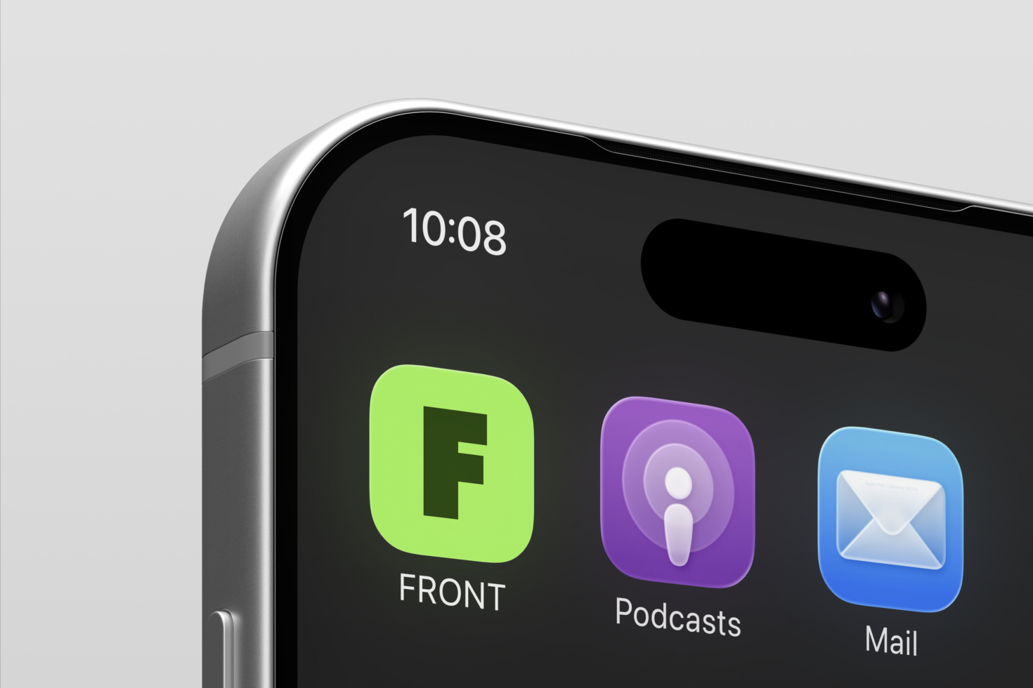 iPhone home screen mockup with Front, Podcasts, Mail apps in bright colors
