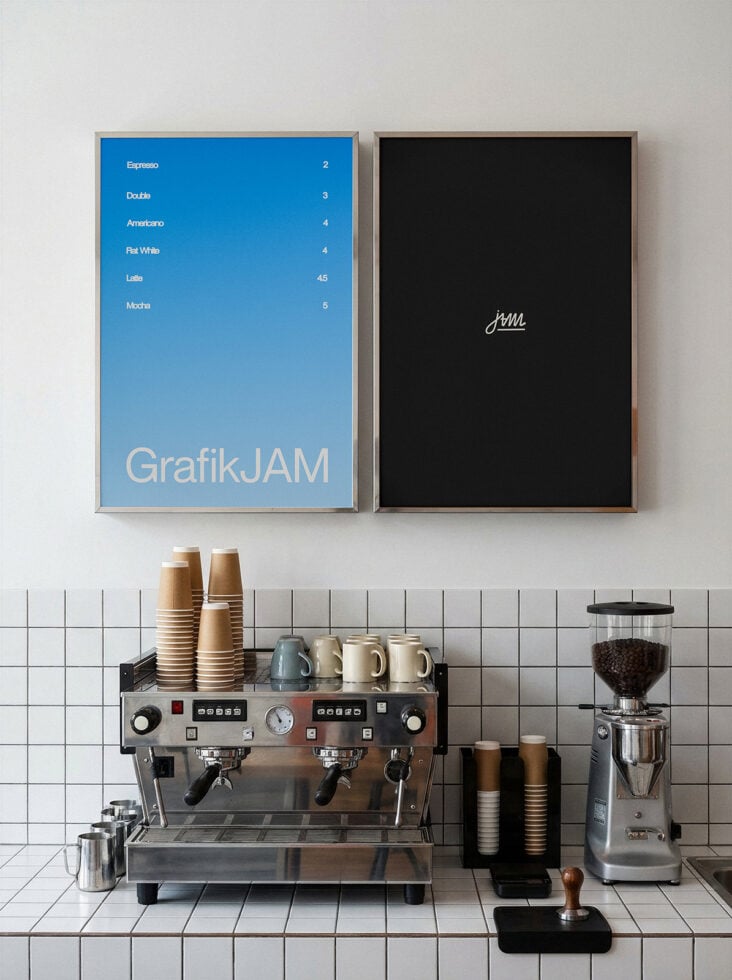 Coffee shop wall mockup with framed blue menu poster, black frame, espresso machine